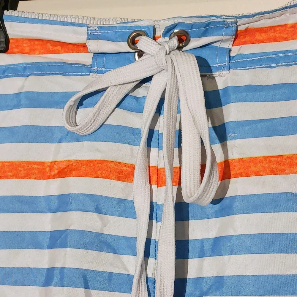 Original Deluxe Swim Trunks Blue Tropical Palm Tree Striped Board Shorts L
